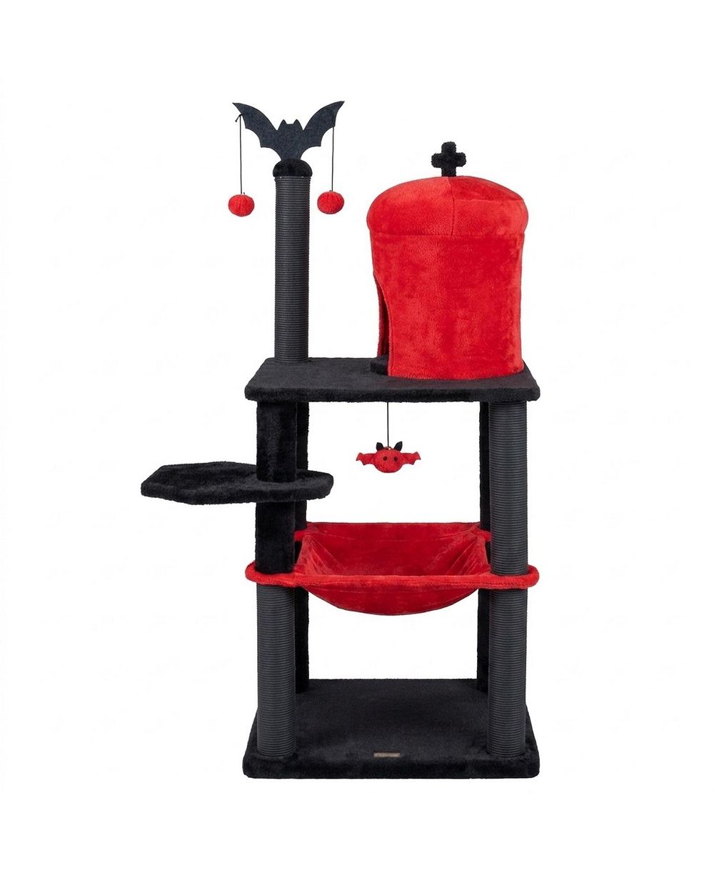 SUGIFT 60in Gothic Cat Tower with Plush Perch and Spider Hanging Toys for Halloween
