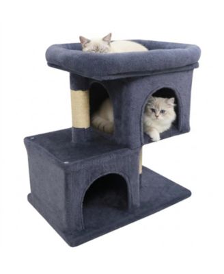 SUGIFT Modern Space-Saving Cat Tower with Upholstered Perch and 2 Cat Condos