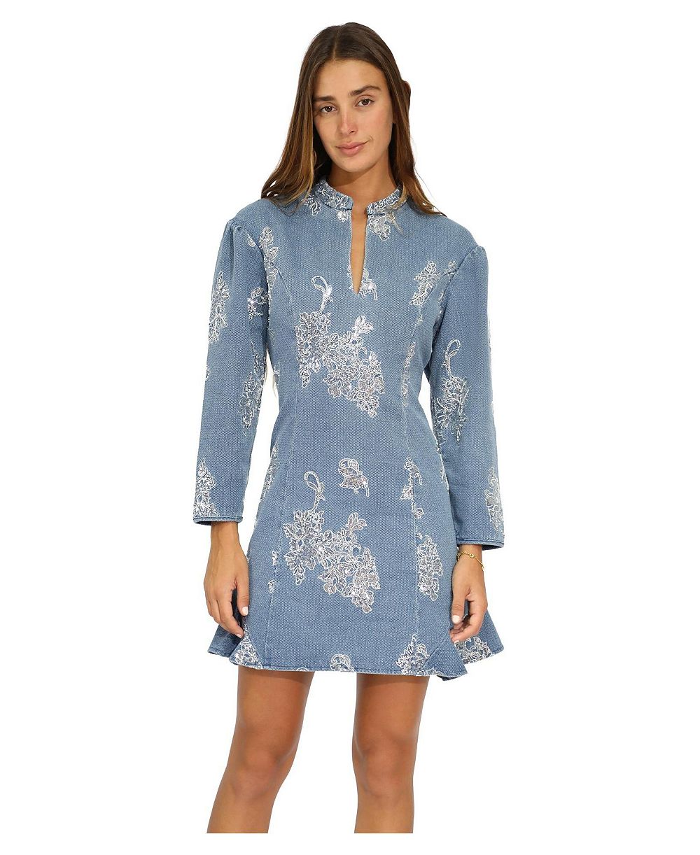 Belle & Bloom Женский Heart You Long-Sleeve Beaded Floral-Print Mini Платье