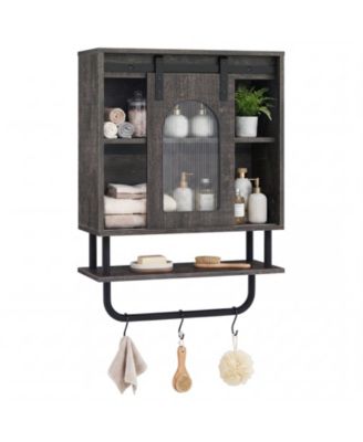 Costway Bathroom Wall Cabinet with Sliding Barn Door Metal Hanging Bar 3 Hooks for Kitchen