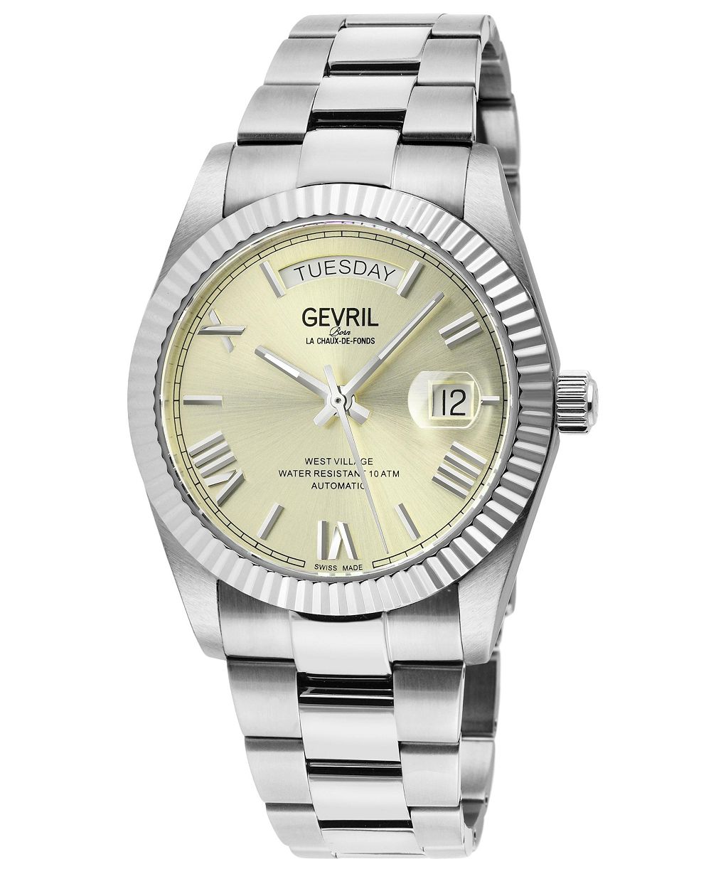 Мужские швейцарские часы Gevril West Village Swiss Automatic с серебряным корпусом и браслетом из нержавеющей стали