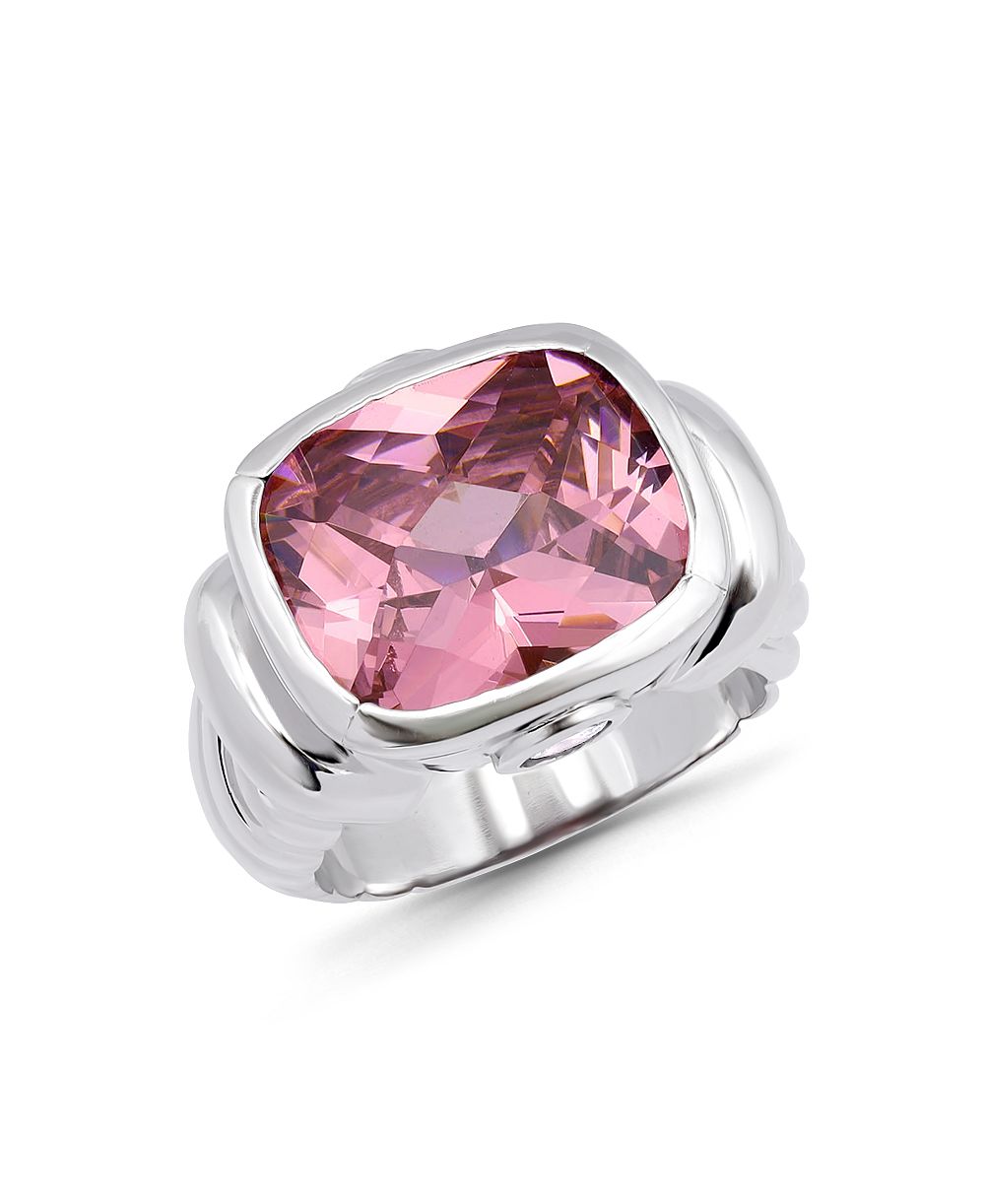 Macy's Oval Bezel Pink and Clear Cubic Zirconia Fine Silver-Plated Over Brass Twist Statement Ring