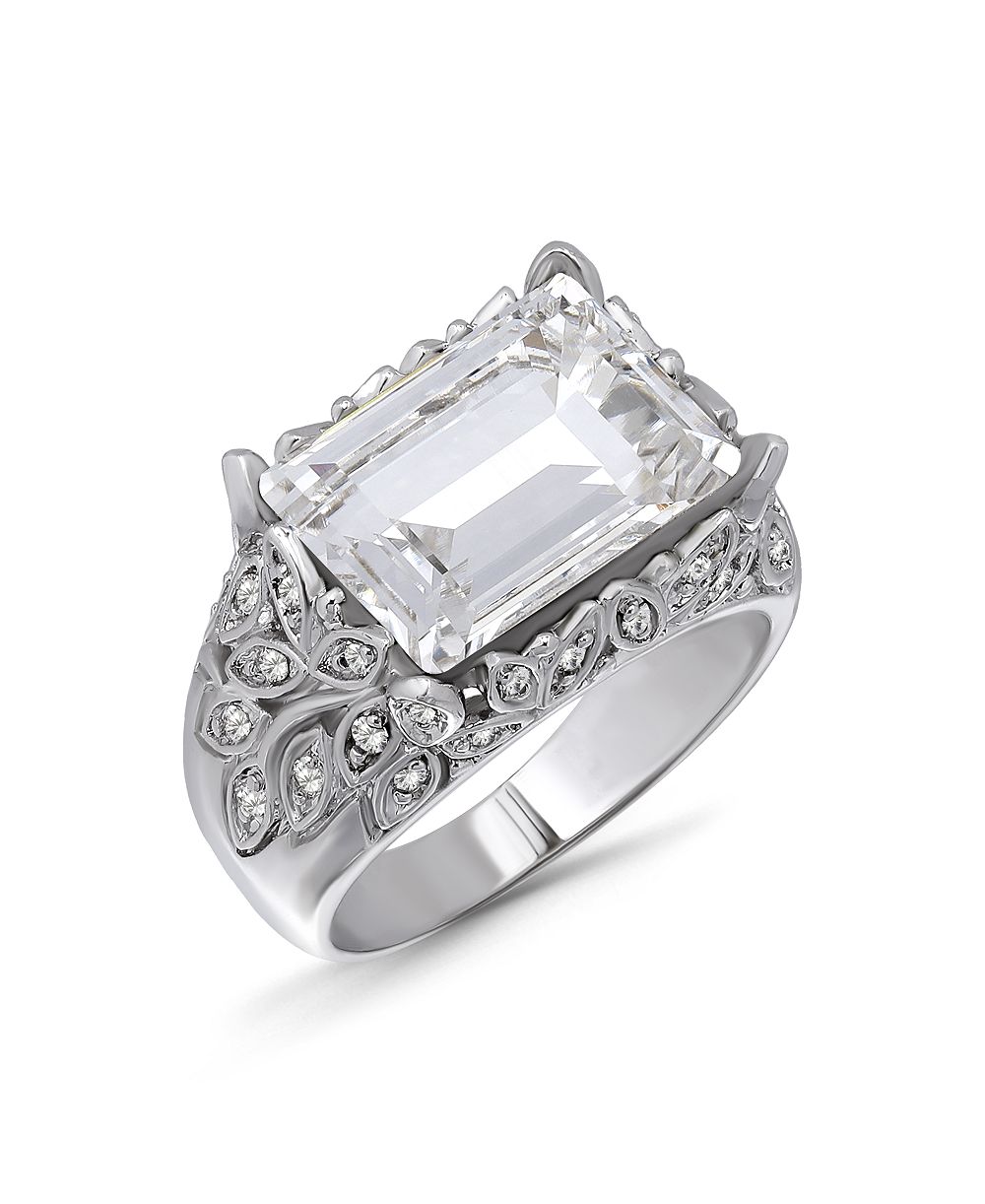 Macy's Кольцо с изумрудной огранкой Cubic Zirconia Silver-Plated Leaf Design