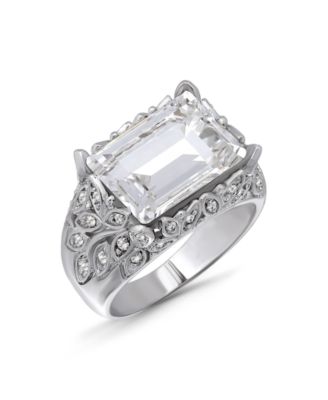 Macy's Emerald Cut Cubic Zirconia Fine Silver-Plated Over Brass Leaf Design Statement Ring