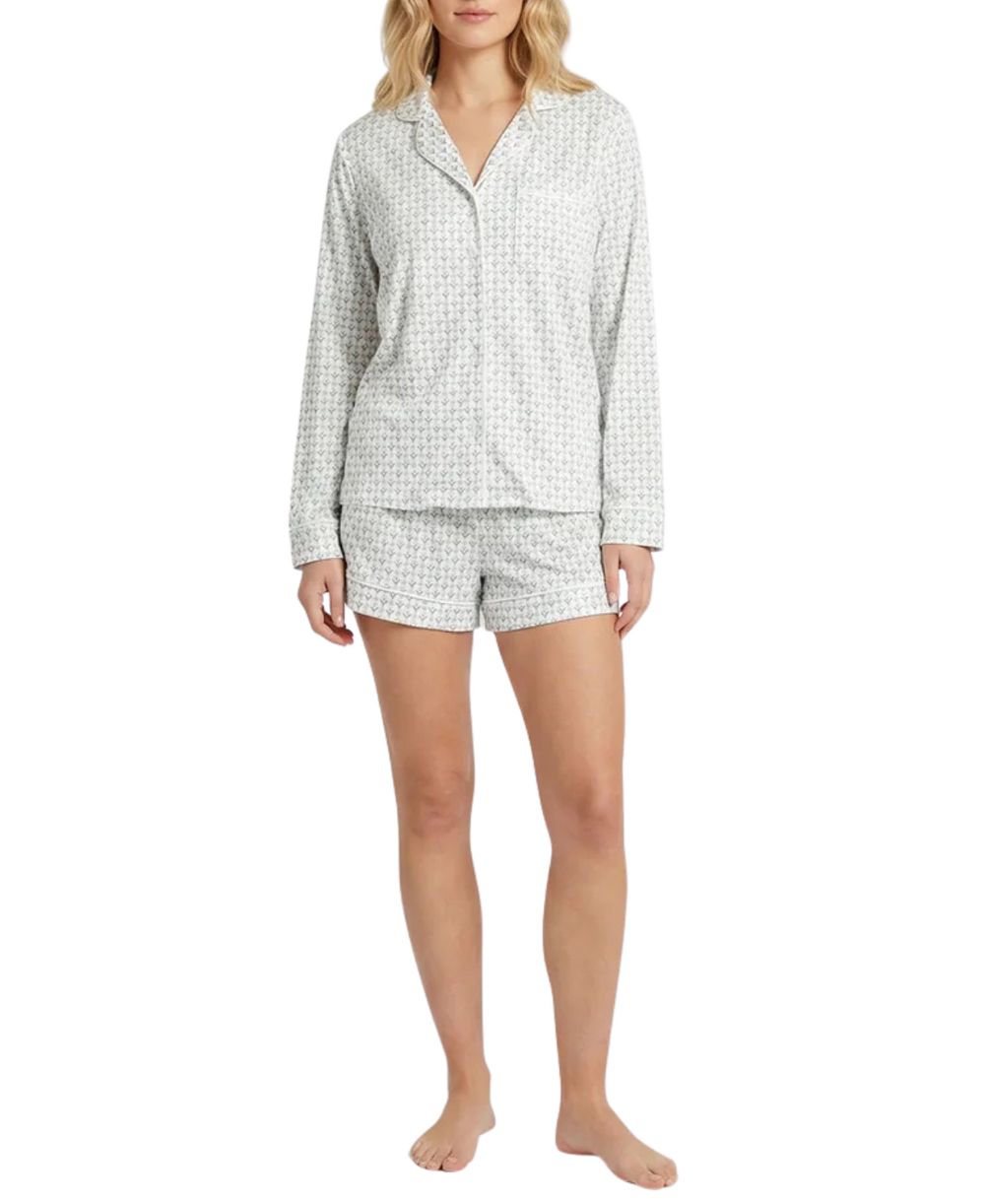 Motette Women's Lane Viscose-from-Bamboo V-Neck Long-Sleeve Top and Shorts Pajama Set