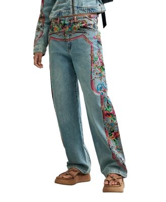 Desigual Женские джинсы с широкими штанинами и цветочным принтом и высокой посадкой