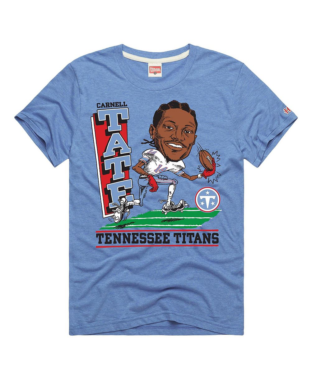 Homage Мужская и женская футболка с графикой игрока Tennessee Titans Carnell Tate Light Blue Tri-Blend