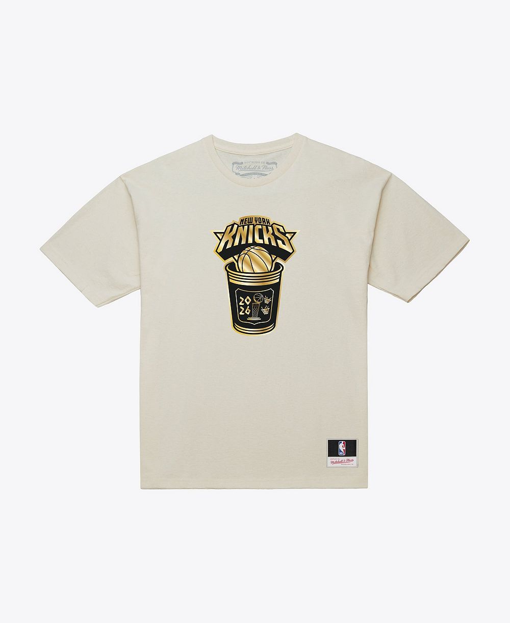 Mitchell & Ness Мужская кремовая футболка New York Knicks 2026 NBA Finals Champions Gold Coffee Cup