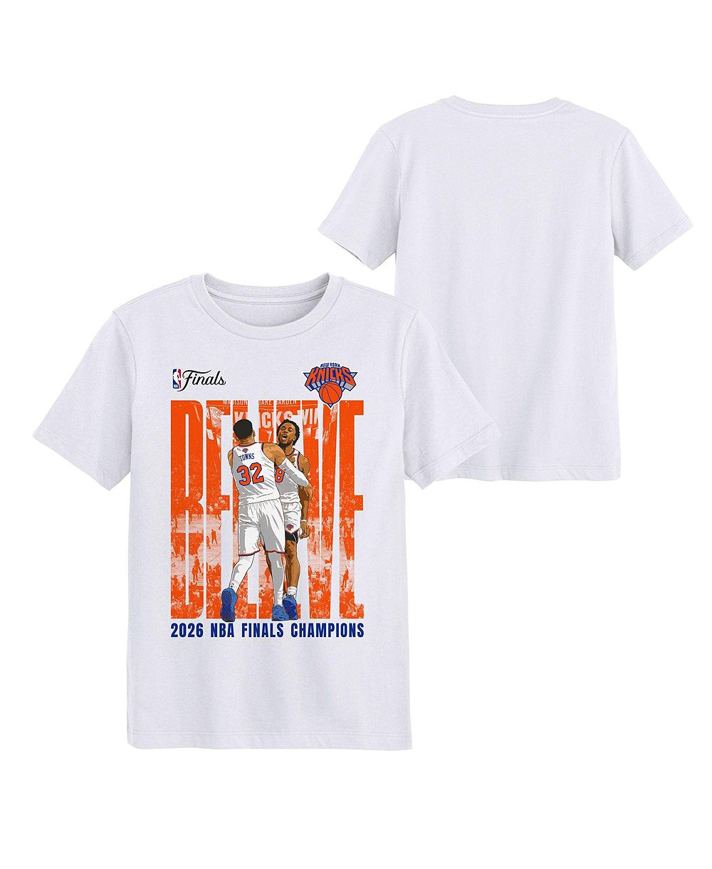 Детская футболка Outerstuff Preschool OG Anunoby Karl-Anthony Towns White New York Knicks 2026 NBA Finals Champions Believe