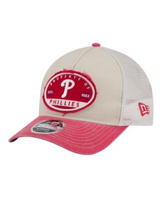 New Era Men's Light Beige/Red Philadelphia Phillies Frayed M-Crown A-Frame 9FORTY Trucker Adjustable Hat