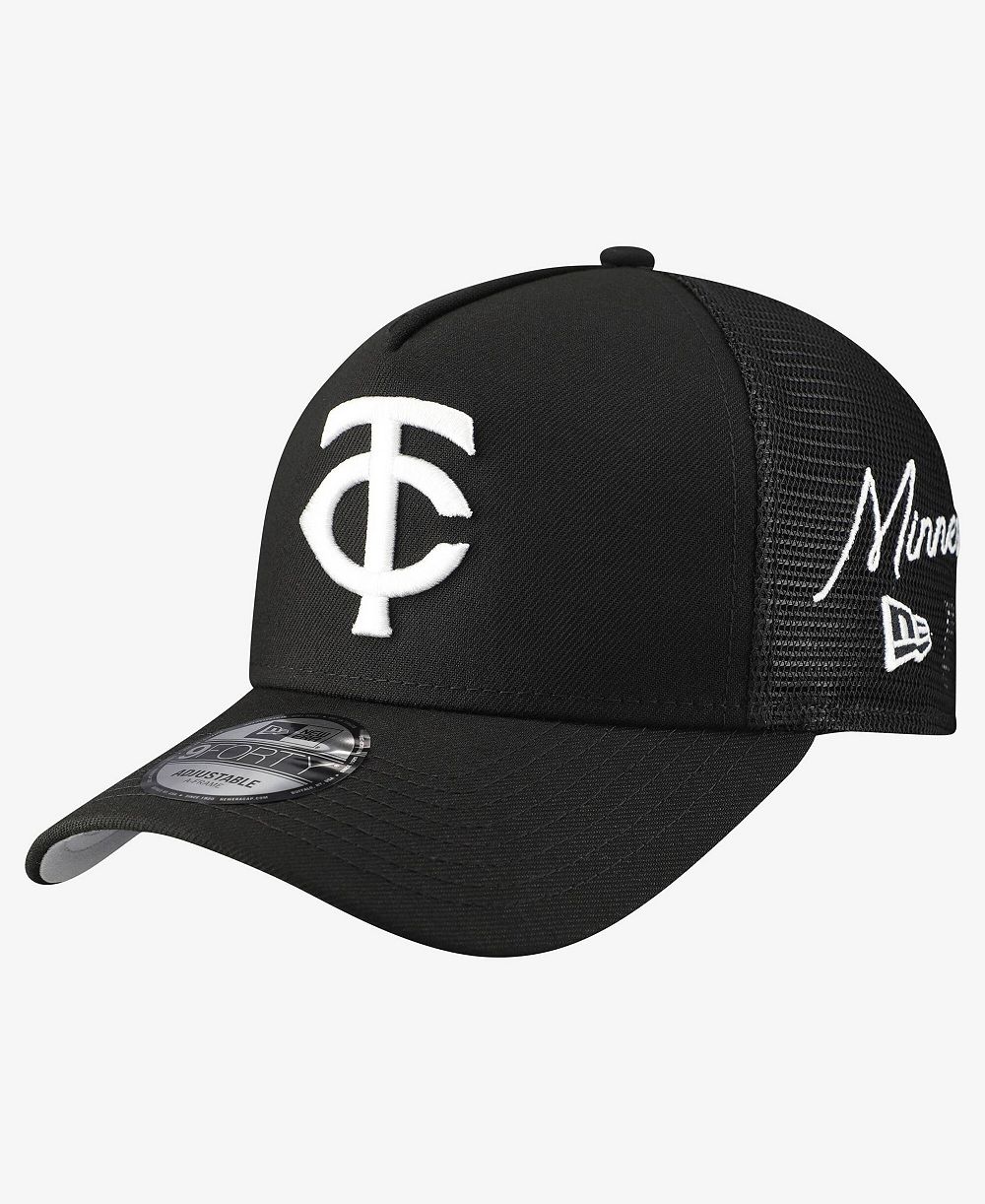 Мужская кепка New Era Black Minnesota Twins Side Script 9FORTY A-Frame Trucker Adjustable