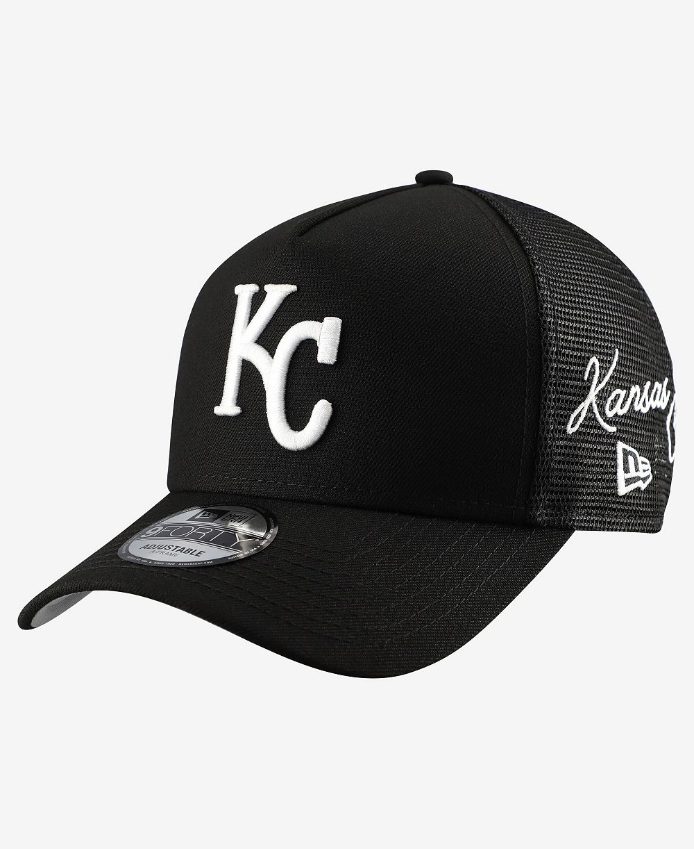 Мужская кепка New Era Black Kansas City Royals Side Script 9FORTY A-Frame Trucker Adjustable