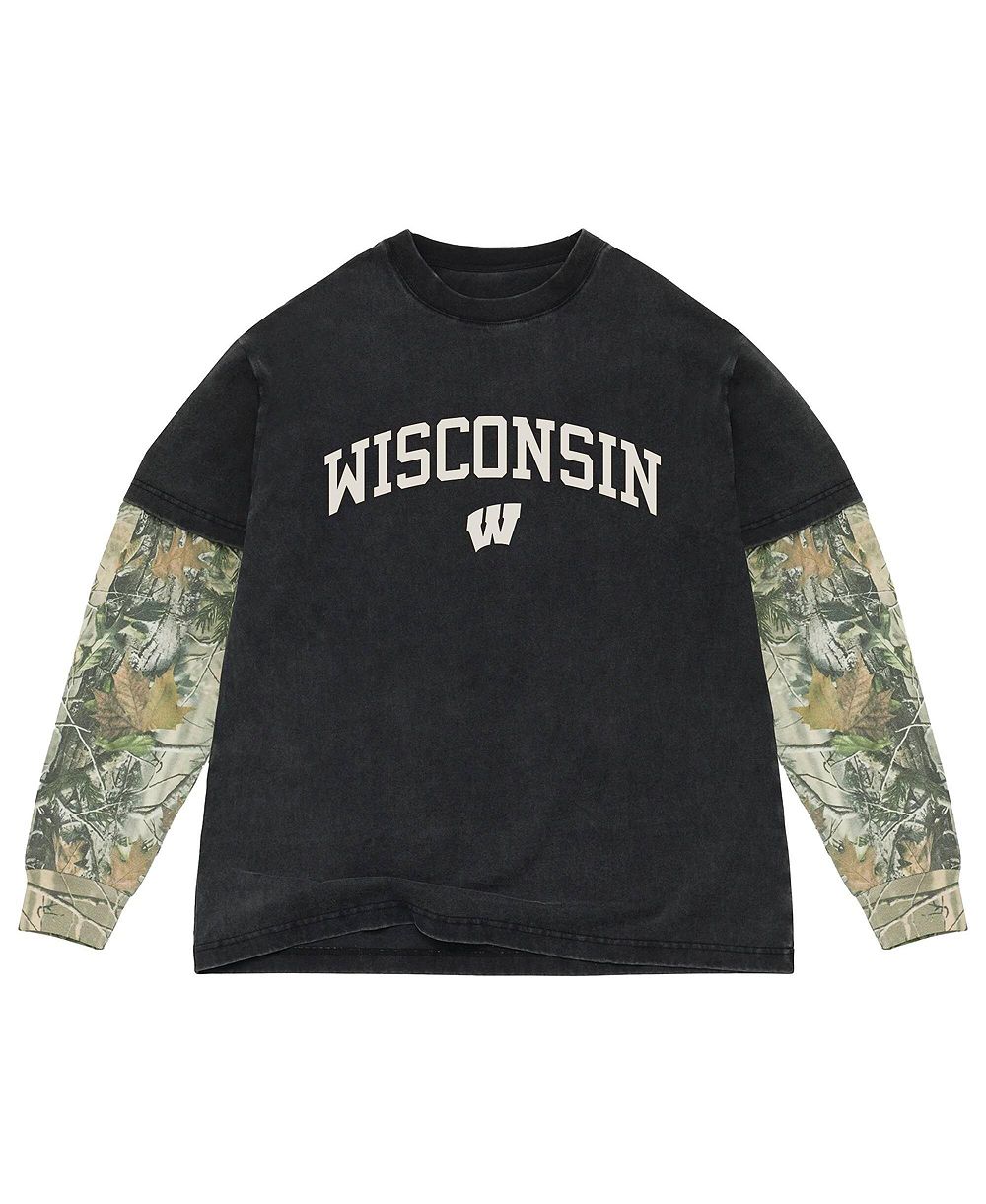 Uscape Apparel Men's Black/Camo Wisconsin Badgers Back Bay Twofer Heavyweight Long Sleeve T-Shirt
