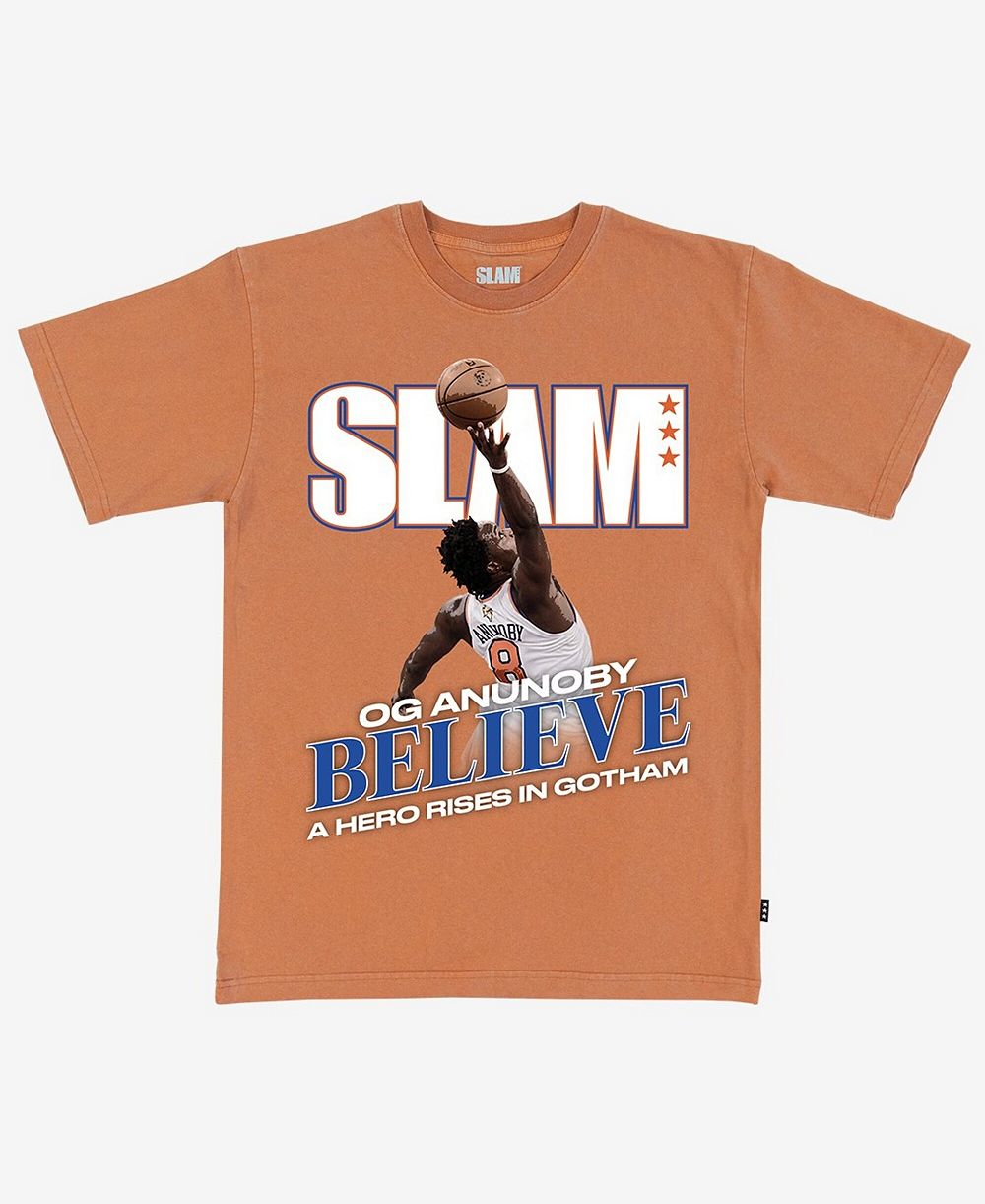 Slam Men's and Women's OG Anunoby Orange New York Knicks Cover Player Graphic T-Shirt