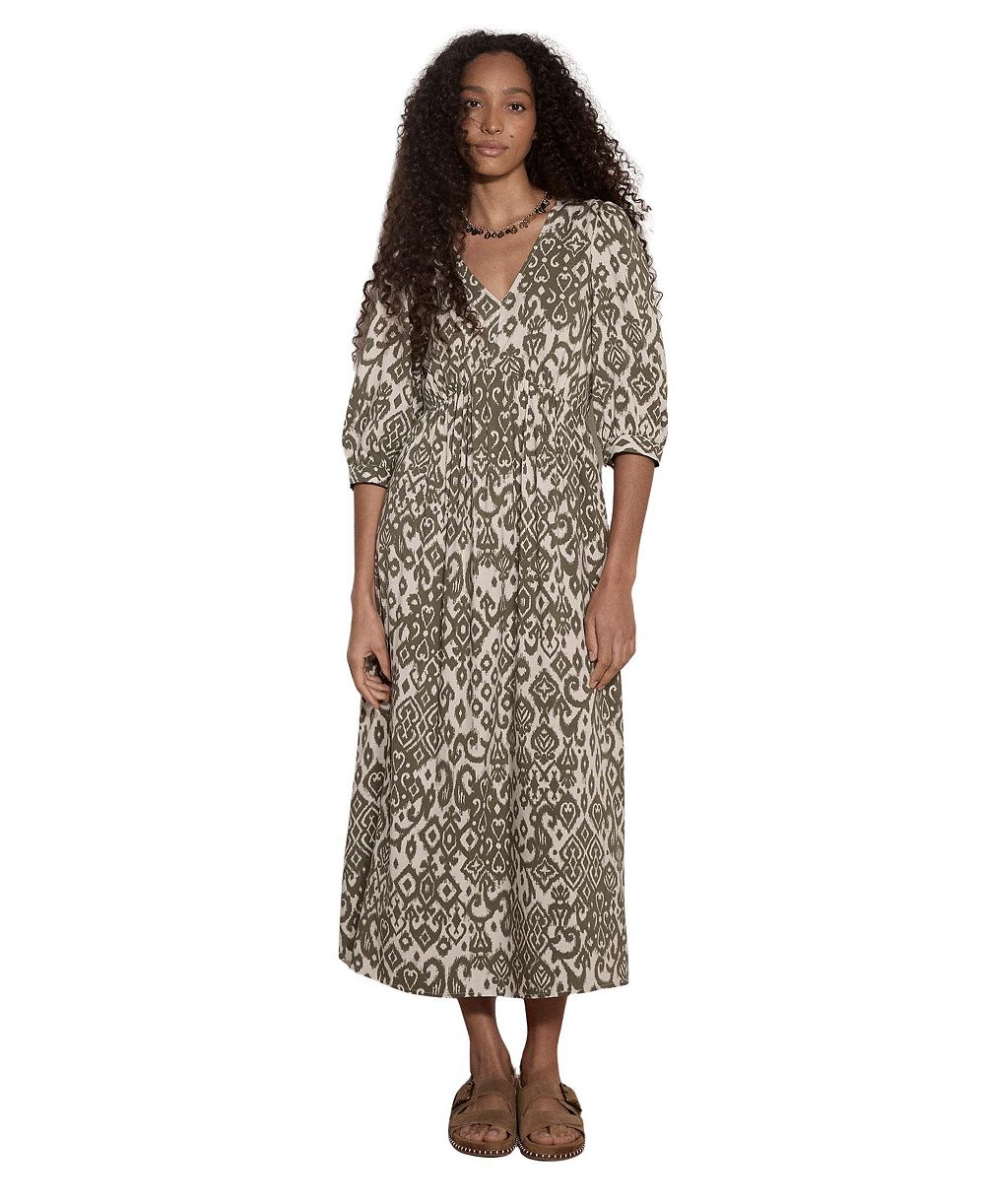 Женское платье Apricot Tapestry Ikat Midi V-Neck 3/4 Sleeve