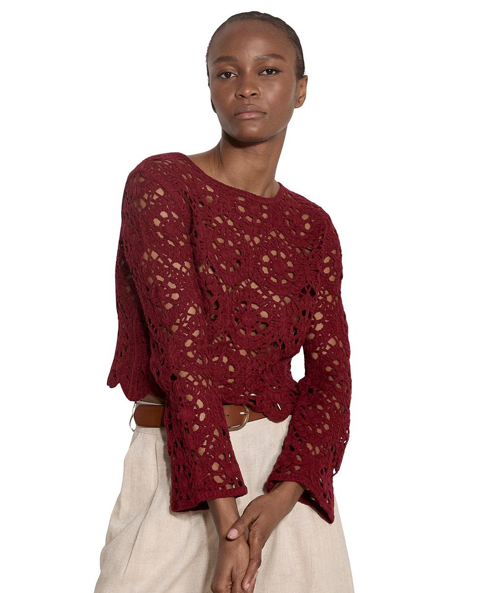 Apricot Women's Long-Sleeve Floral Crochet Top