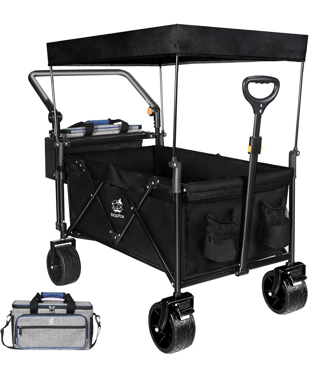 Mountaintop Collapsible Wagon with Removable Canopy,4" All-Terrain Brake Wheels, Adjustable Handles, Cooler Bag for Garden and Beach