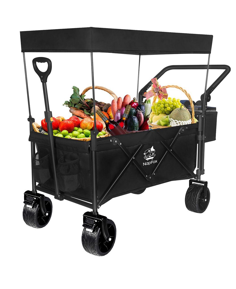 Mountaintop Collapsible Wagon 140L Foldable Cart with Removable Canopy, All-Terrain Brake Wheels and Cooler Bag for Camping, Beach and Shopping
