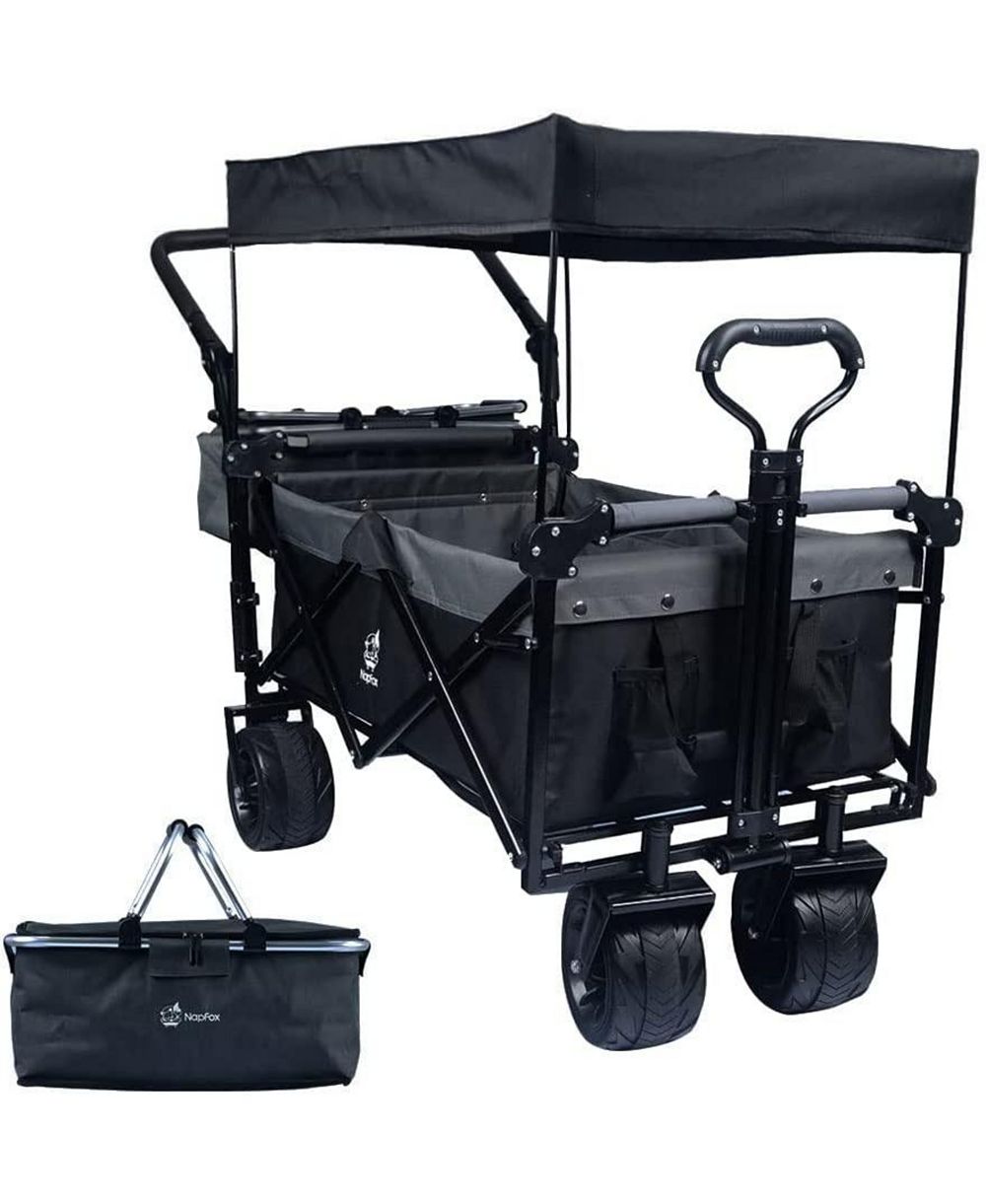 Mountaintop Collapsible Wagon with Removable Canopy, 4" All-Terrain Wheels with Brake, Adjustable Handle and Cooler Bag for Outdoor Garden and Beach
