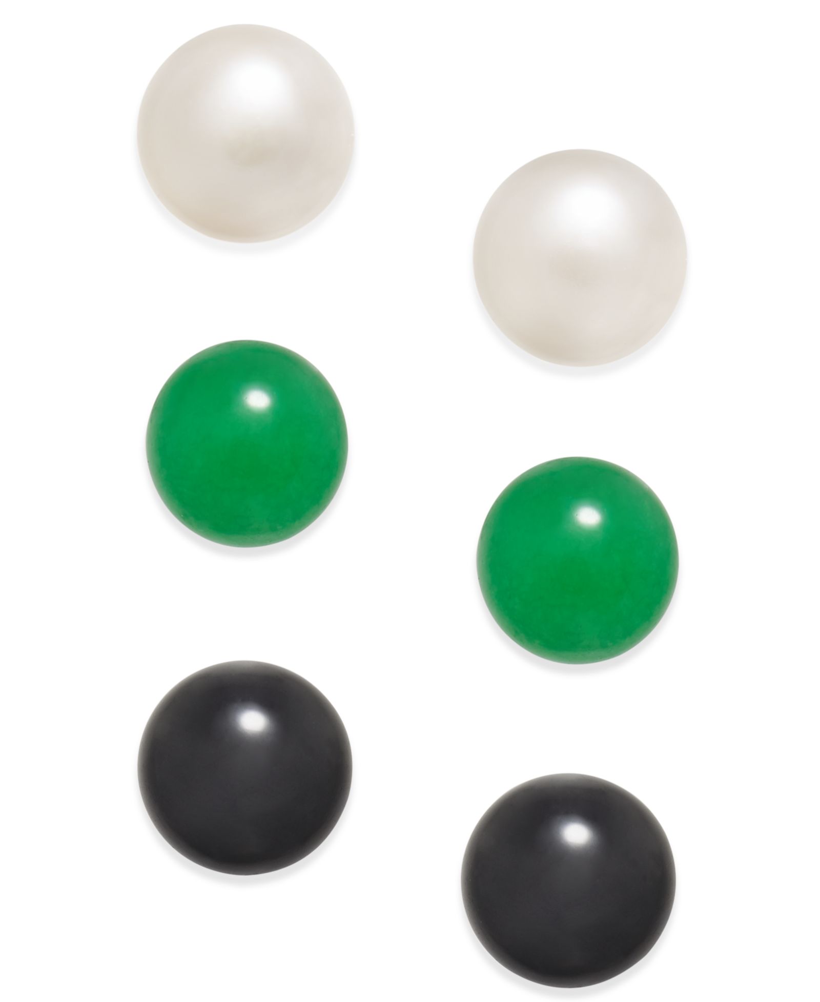 Серьги-гвоздики 3 шт. с жемчугом Cultured Freshwater, Onyx и Green Quartz, Sterling Silver