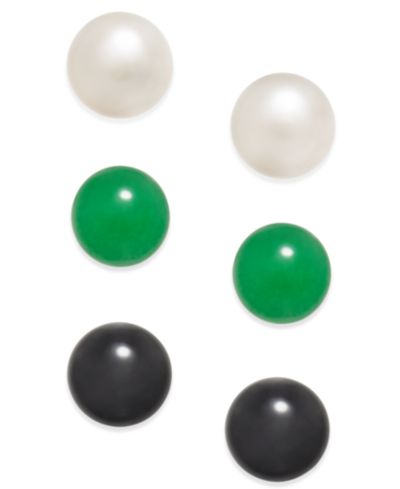 Серьги-гвоздики 3 шт. с жемчугом Cultured Freshwater, Onyx и Green Quartz, Sterling Silver