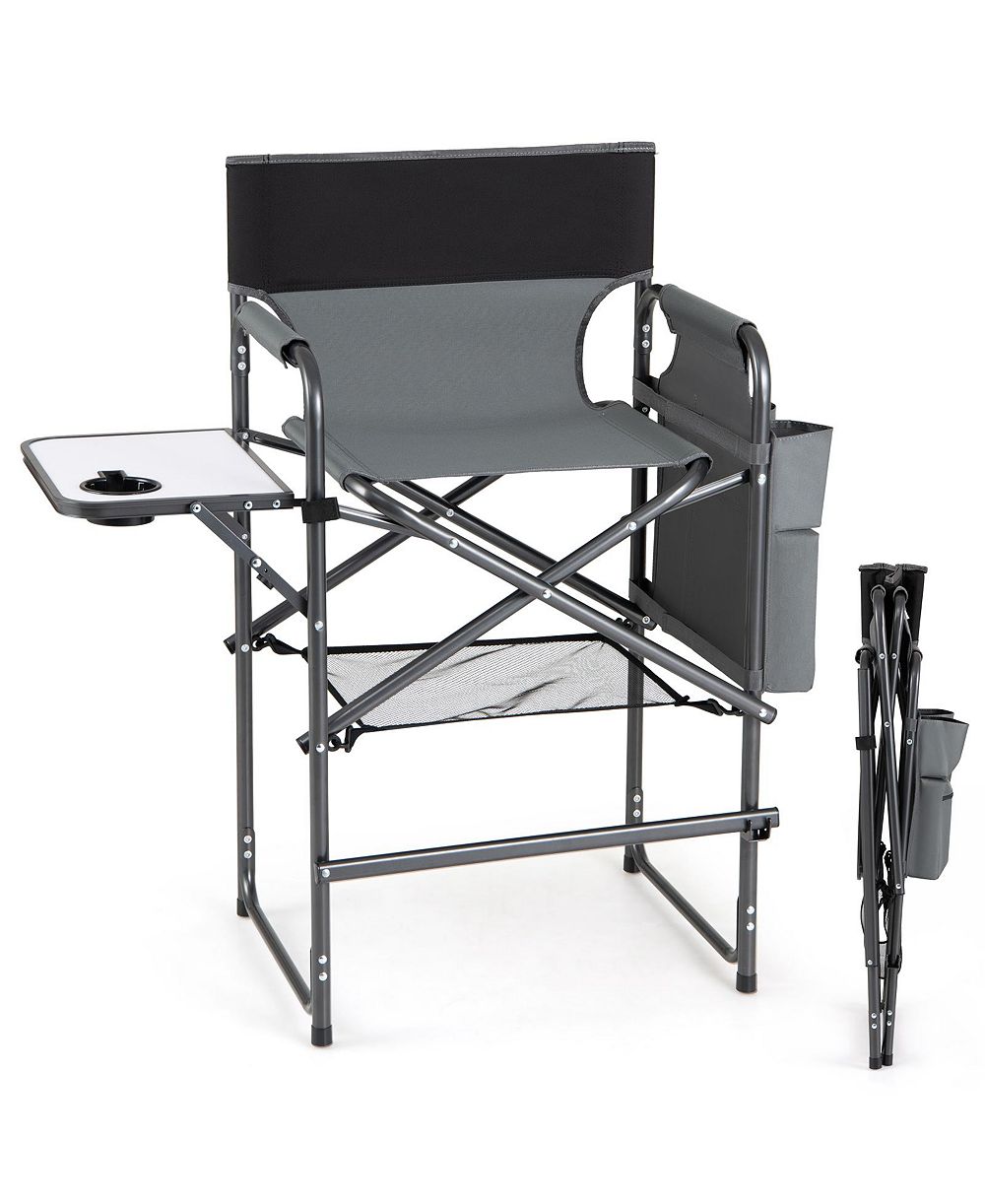 Gymax 26'' Folding Tall Director Chair with Side Table Cup Holders Storage Pockets