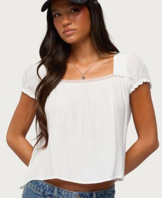 Edikted Women's Nesta Short-Puff Sleeve Square Neck Lace-Trim Top