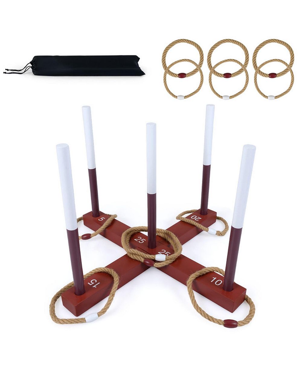 HONGGE Wooden Ring Toss 24" x 24" Tool-Free Setup Yard Game with 6 Rope Rings and Storage Bag, Ages 3+