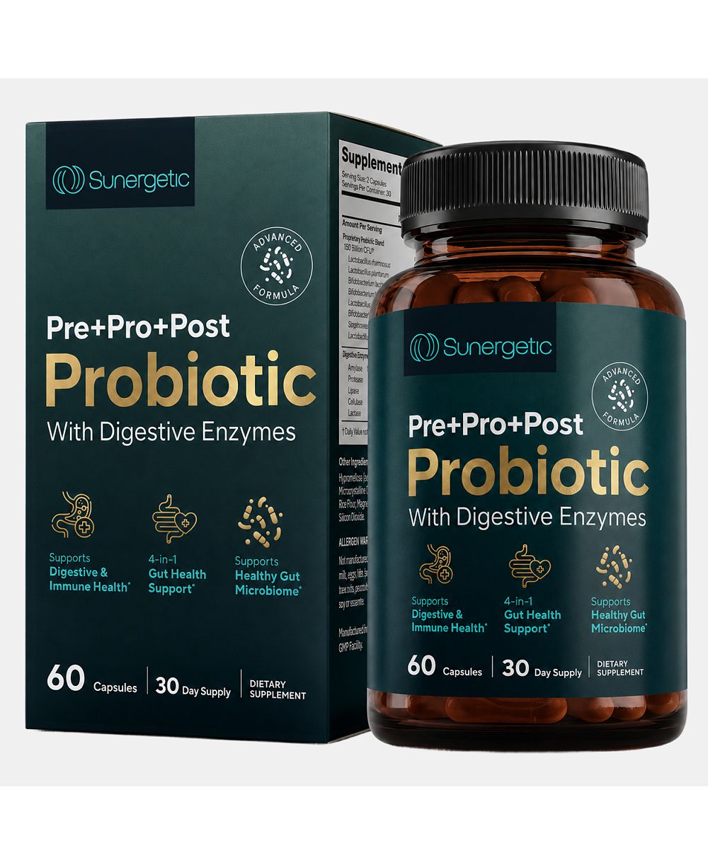 Sunergetic 4-in-1 Probiotic Prebiotic Postbiotic Digestive Enzymes для мужчин и женщин, поддержка здоровья кишечника и иммунитета, 60 шт