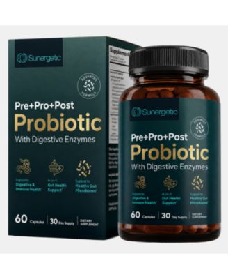 Sunergetic 4-in-1 Probiotic Prebiotic Postbiotic Digestive Enzymes для мужчин и женщин, поддержка здоровья кишечника и иммунитета, 60 шт