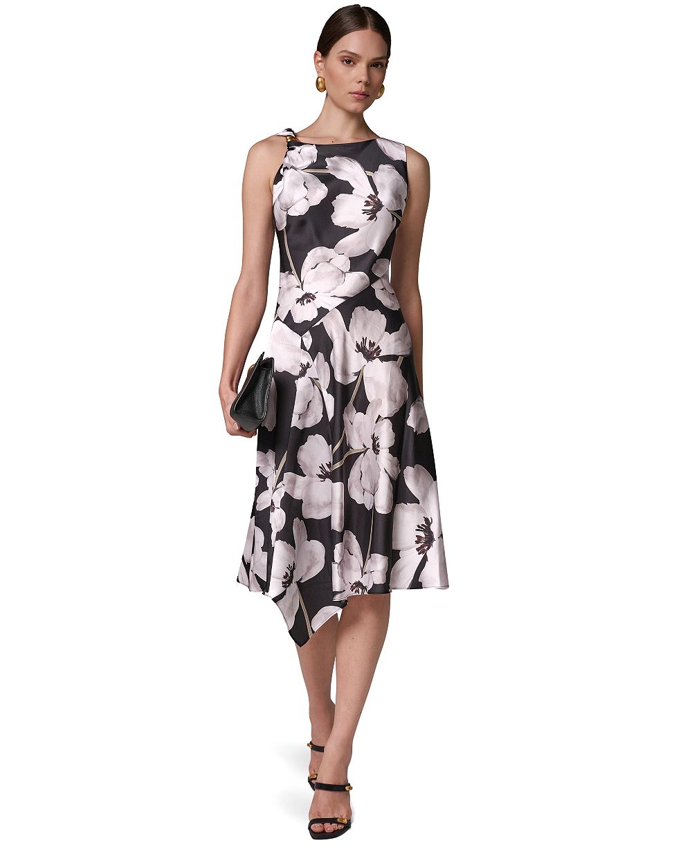 Женское платье Donna Karan New York Floral Asymmetrical Hem Boat Neck Midi