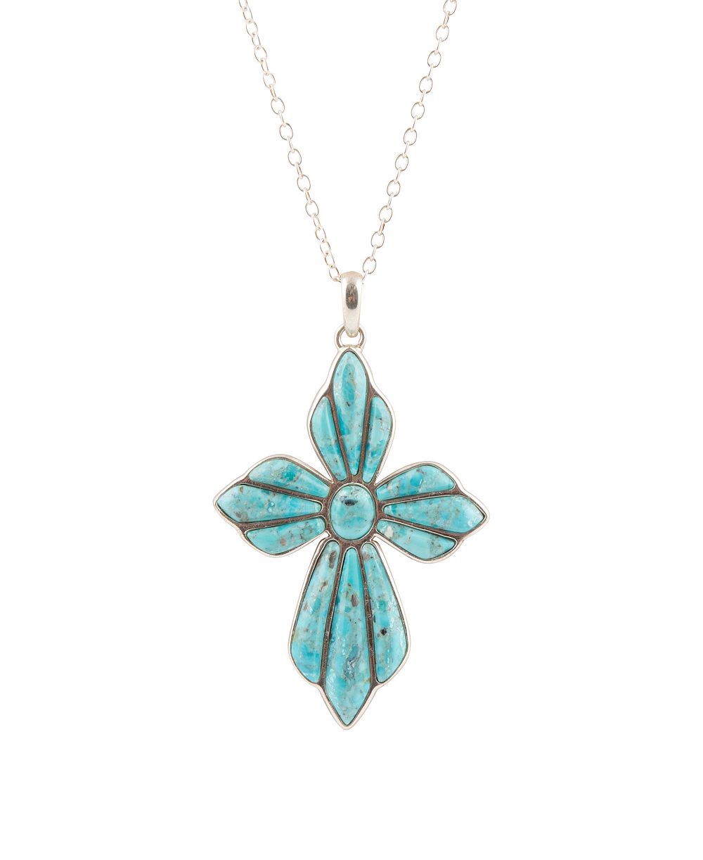 Подвеска Barse Blue Turquoise Cross Silver Necklace