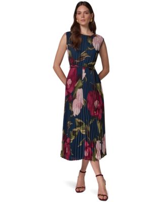 Donna Karan New York Women's Cap Sleeve Floral Chiffon A-Line Midi Dress