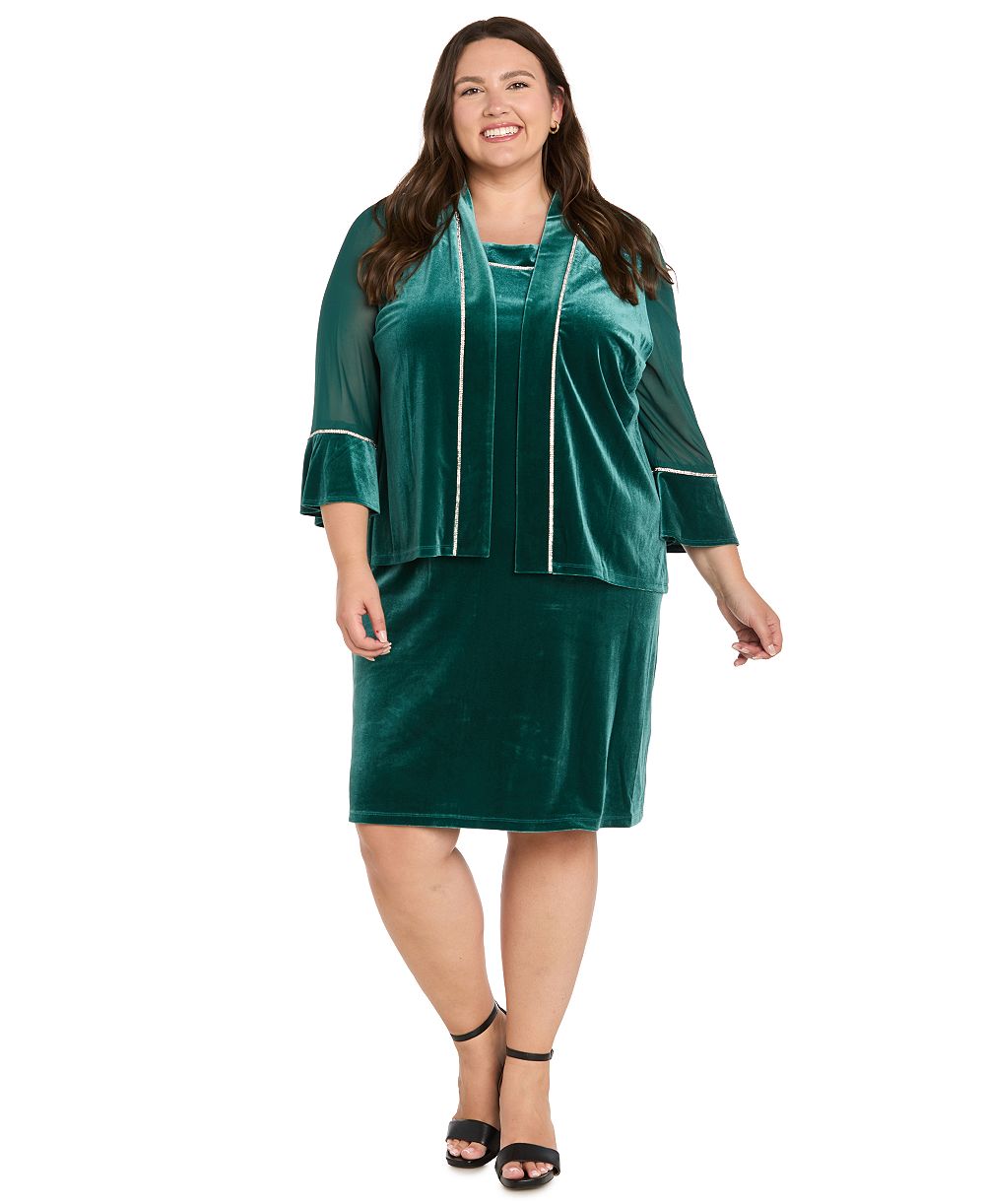 R & M Richards Plus Size Velvet Beaded Crewneck Dress and Jacket, 2-Piece Set