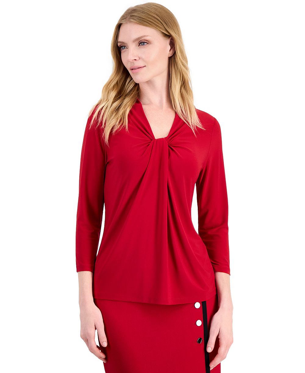 Kasper Petite 3/4-Sleeve Knot Neck Jersey Knit Top