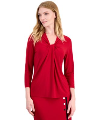 Kasper Petite 3/4-Sleeve Knot Neck Jersey Knit Top