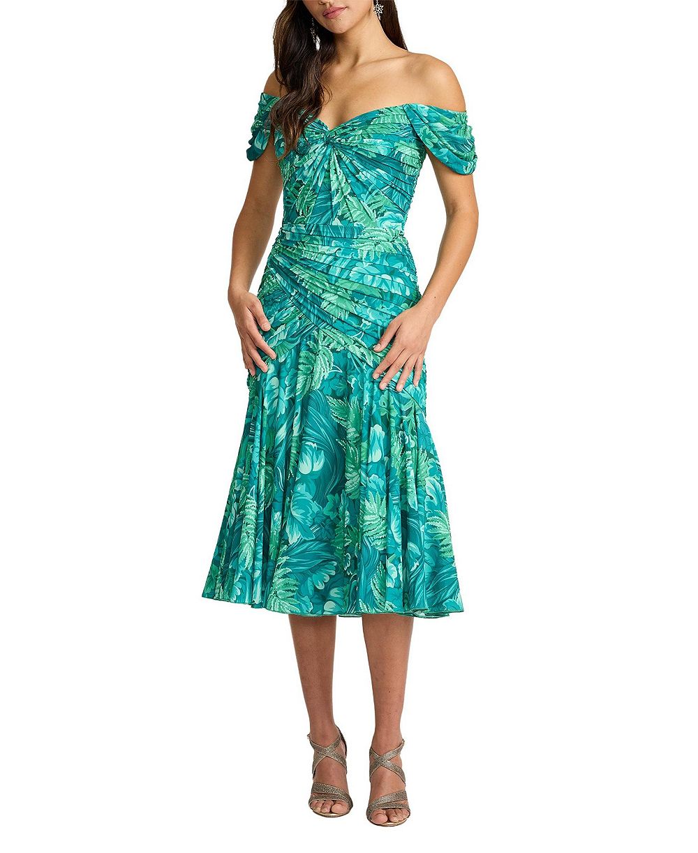 Tadashi Shoji Женское миди-платье Cabbie Foliage-Print Off-the-Shoulder Sweetheart