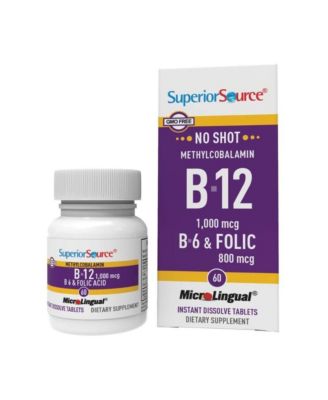 Superior Source No Shot Vitamin B12 Methylcobalamin (1,000 mcg), B6, Folic Acid, Quick Dissolve MicroLingual Tablets, 60 Ct, Increase Energy