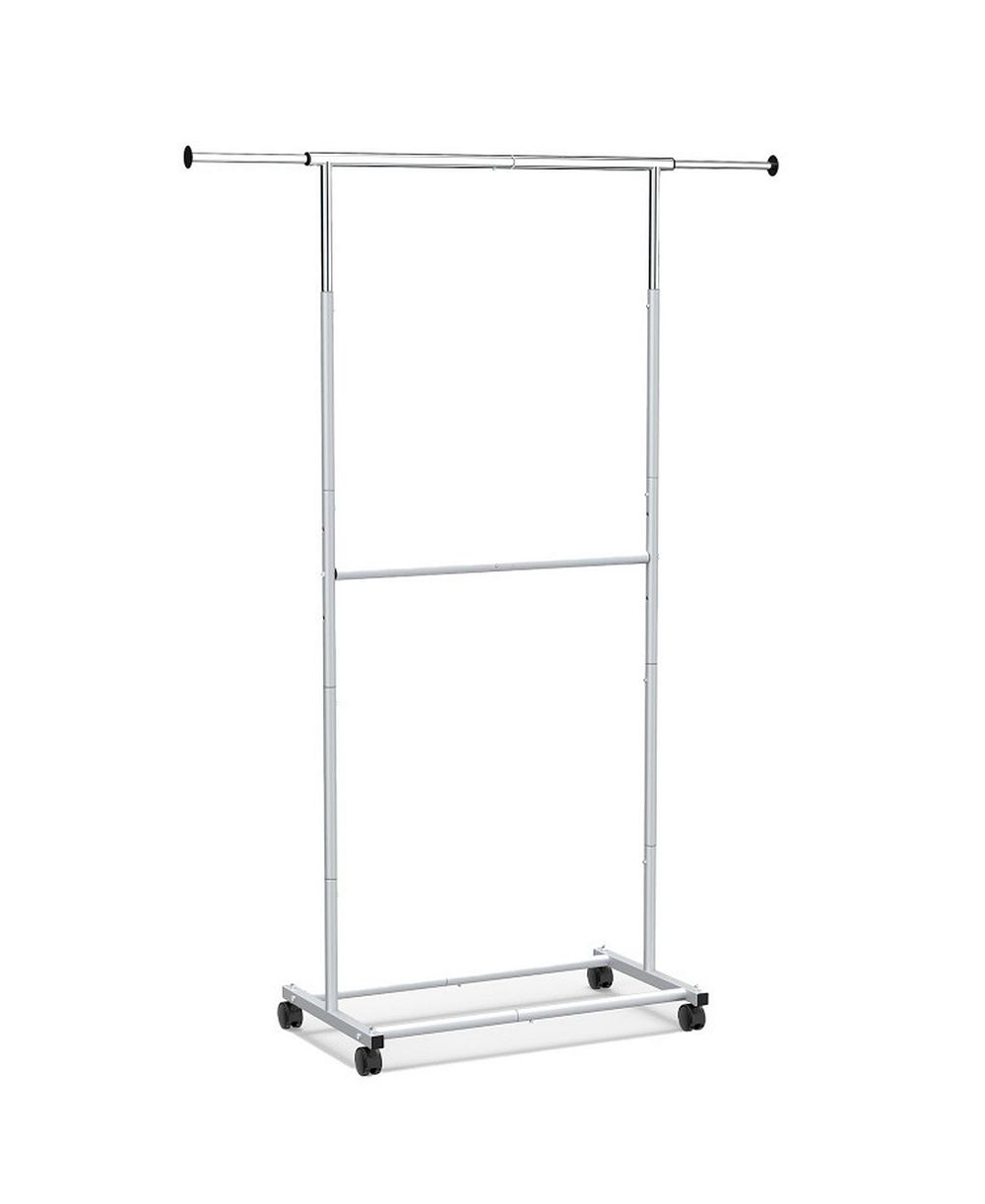 SUGIFT Rolling Double-Rod Clothes Rack with 9.5in Extension Rods and 3-Level Adjustable Height