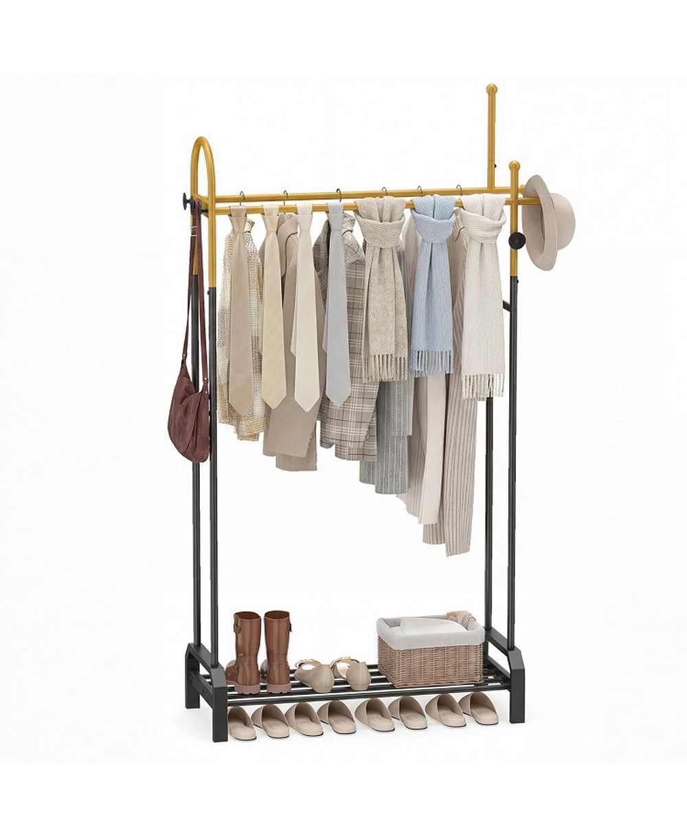 HONGGE Freestanding Double Rod Garment Rack with Bottom Shoe Shelf