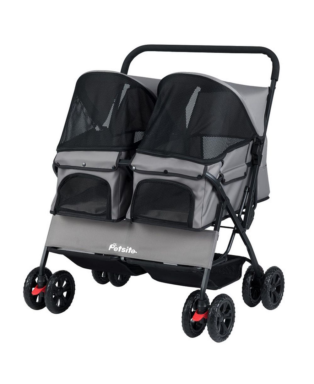 SUGIFT Foldable Double Pet Stroller with Adjustable Sunshade and Storage Basket