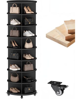 AECOJOY 8 Tier Rotating Shoe Rack with 2 Drawers and Casters Spinning Storage Tower Organizer