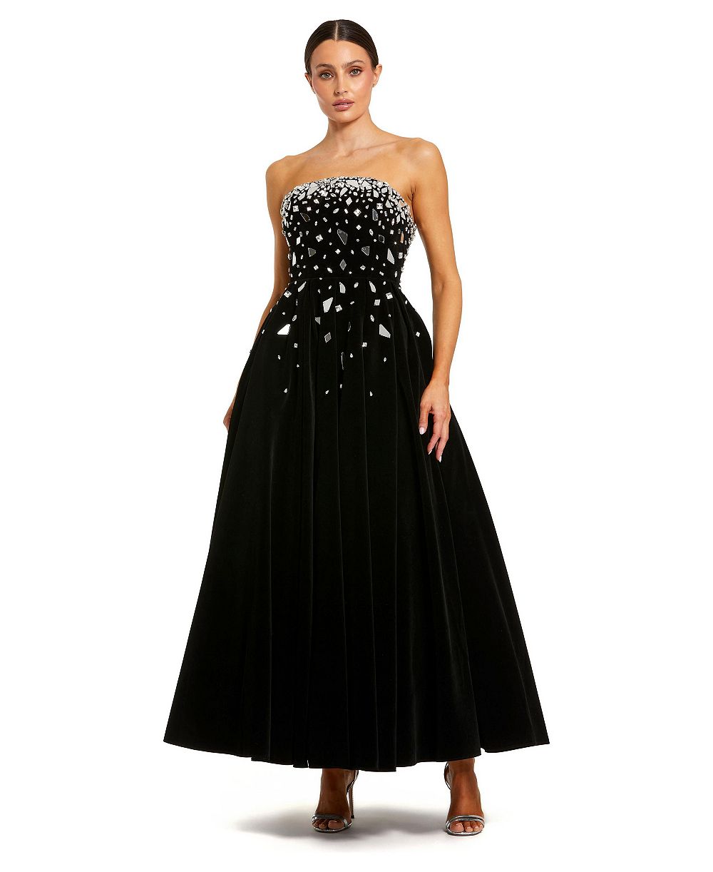 Mac Duggal Женское миди-платье без бретелек из бархата с украшениями