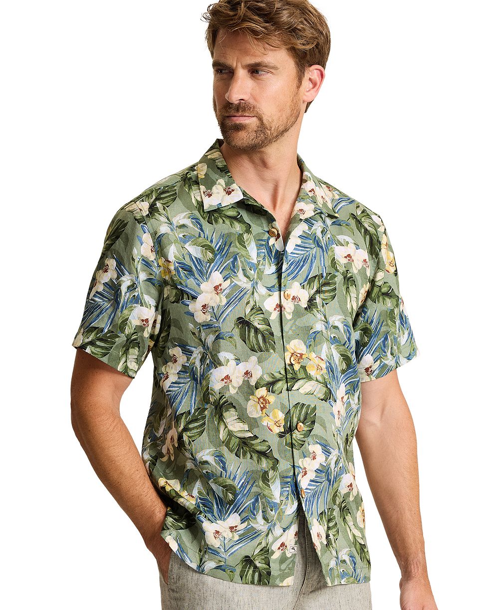 Tommy Bahama Мужская льняная рубашка с коротким рукавом и принтом Orchid O'Lei, воротник Bungalow