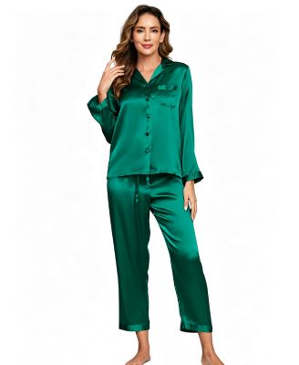 SilkSilky Женский комплект пижам из сатина с длинным рукавом и пуговицами спереди