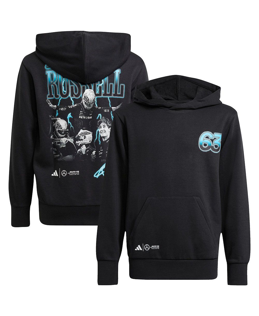 Adidas Big Boys and Girls George Russell Black Mercedes-AMG Petronas F1 Team Driver Wear Graphic Pullover Hoodie