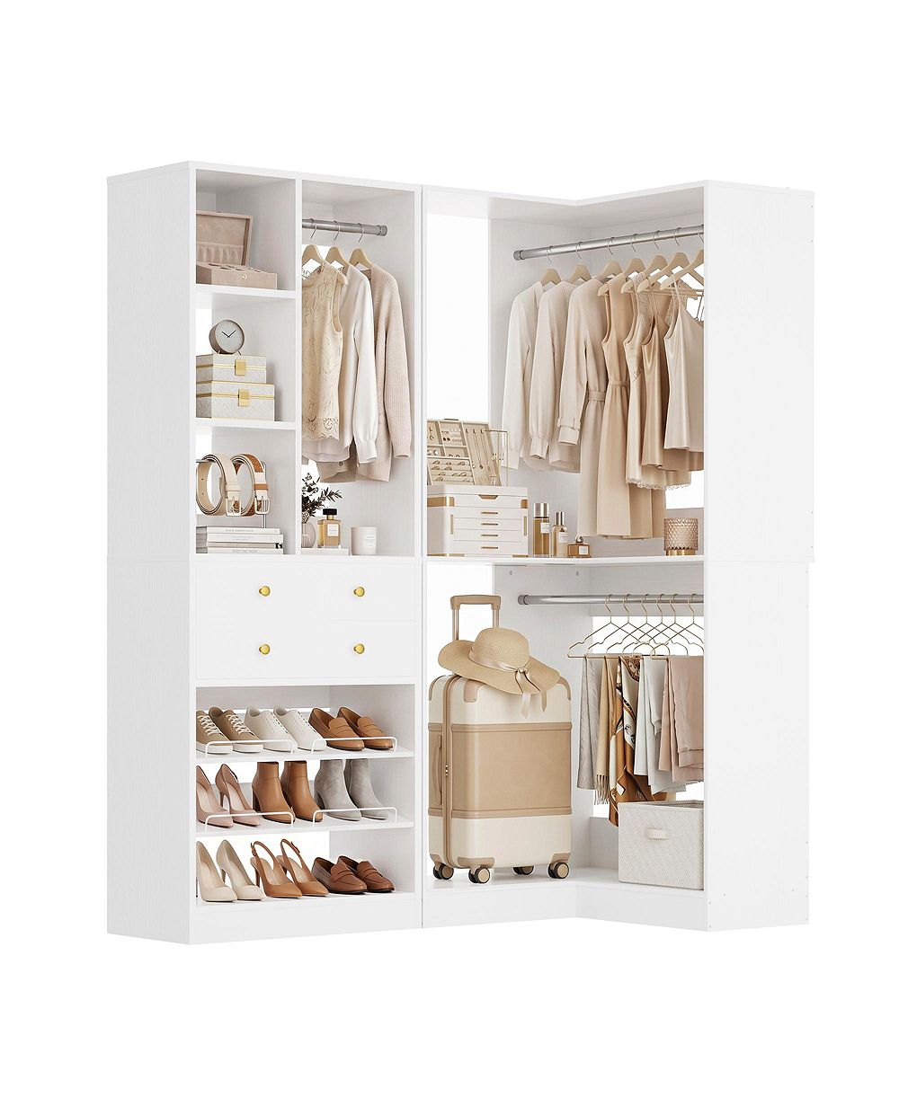 Aheaplus Corner Closet Organizer System Set with 2 Drawers and 3 Hanging Rods
