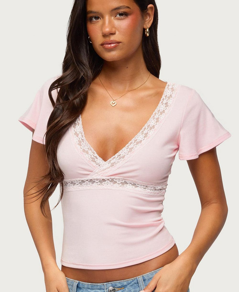 Edikted Womens Yvetta Lacey Flutter Sleeve Top