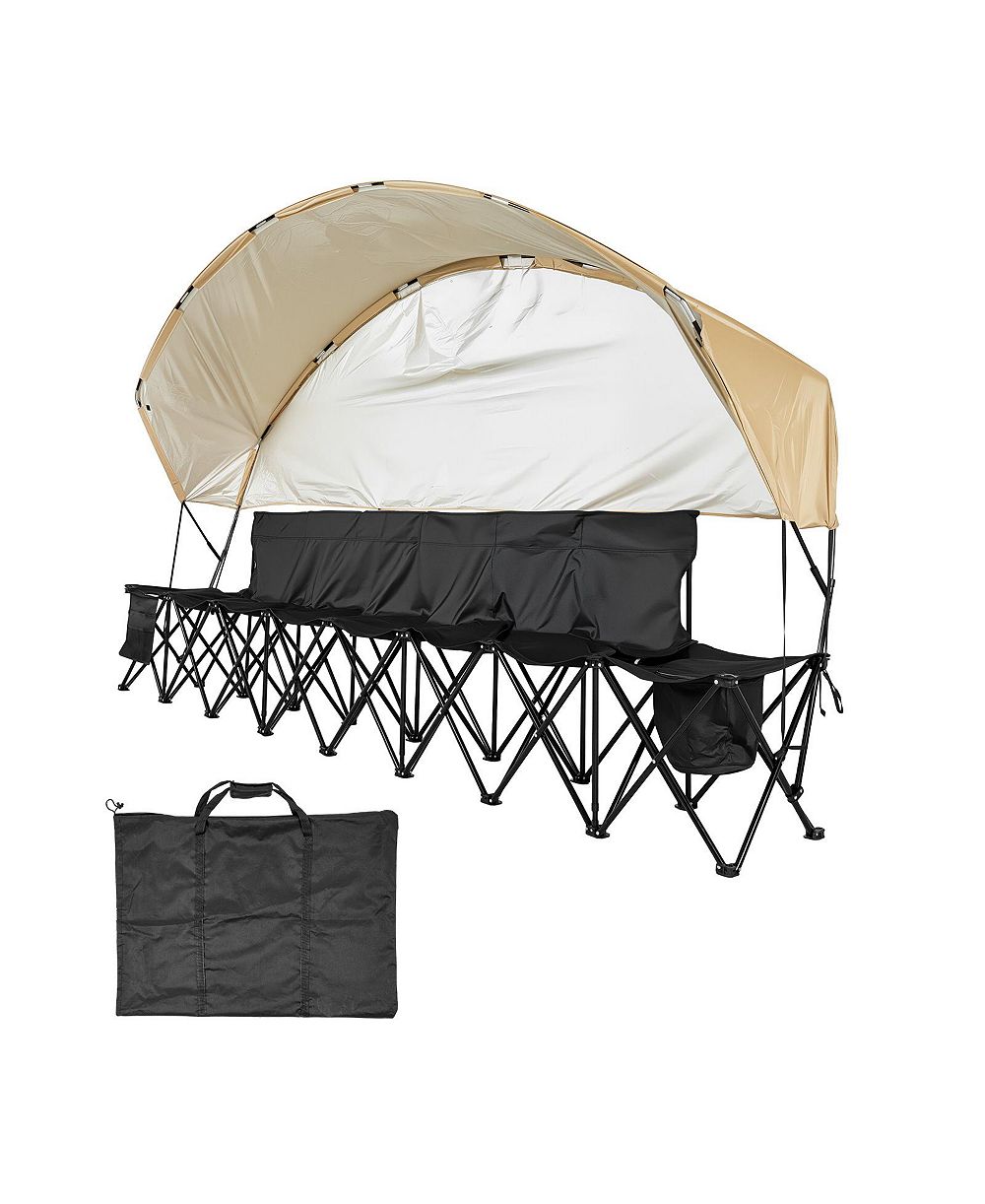 HONGGE 6 Seat Folding Sideline Bench with Sunshade Canopy Cup Holders and Storage Pockets for Outdoor Events