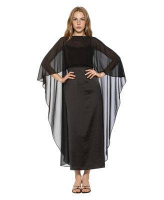 Alexia Admor Women's Cape-Sleeve Chiffon Overlay Boat Neck Satin Gown